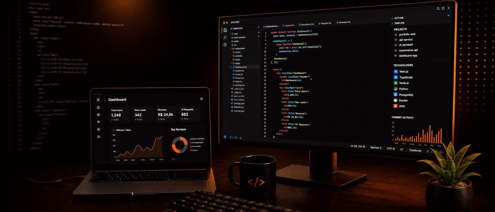 Poste de développement avec tableau de bord et éditeur de code
