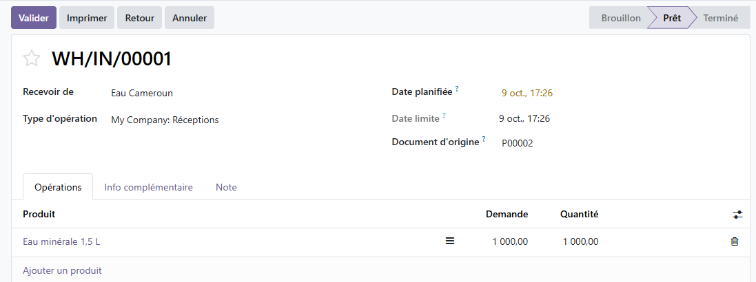 Bon de réception Odoo 19 créé automatiquement à la confirmation de la commande P00002, statut « Prêt », 1000 unités d'eau minérale 1,5 L à recevoir.