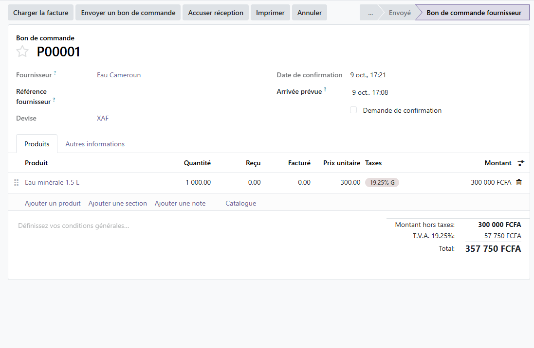 Bon de commande Odoo 19 confirmé auprès d'Eau Cameroun, statut « Bon de commande fournisseur », montant total 357 750 FCFA.
