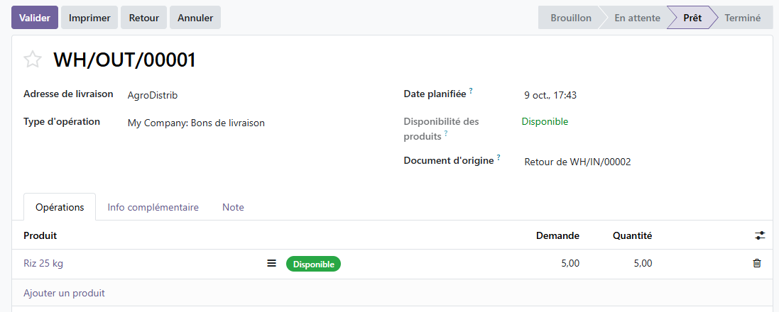Document de retour Odoo 19 WH/OUT/00001, adressé à AgroDistrib, 5 unités de Riz 25 kg, statut Disponible.