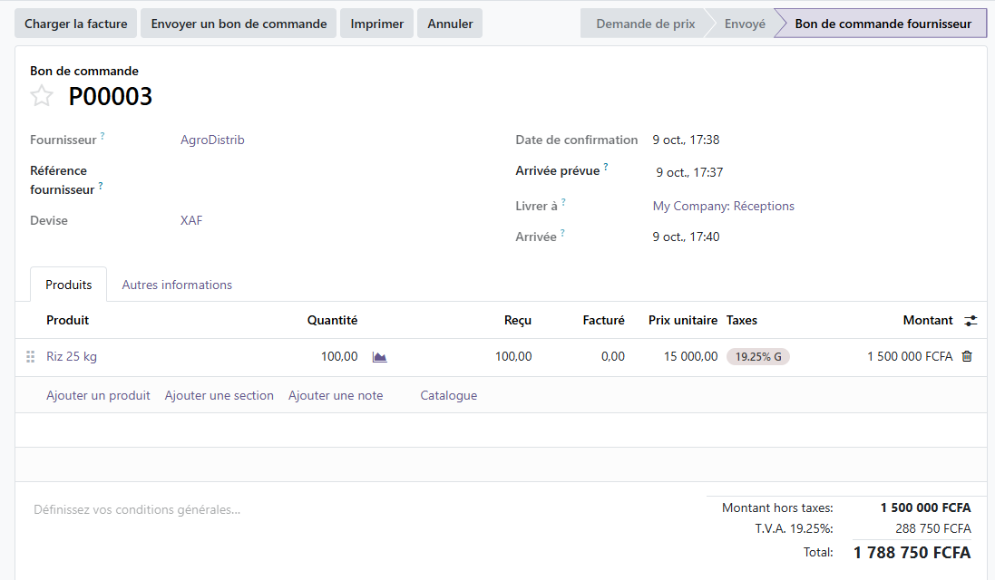 Bon de commande Odoo 19 auprès d'AgroDistrib, quantité commandée et quantité reçue toutes deux à 100 sacs après traitement du reliquat.