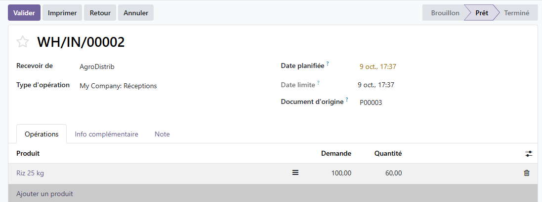 Bon de réception Odoo 19 avec la quantité reçue modifiée de 100 à 60 sacs de riz, avant validation.