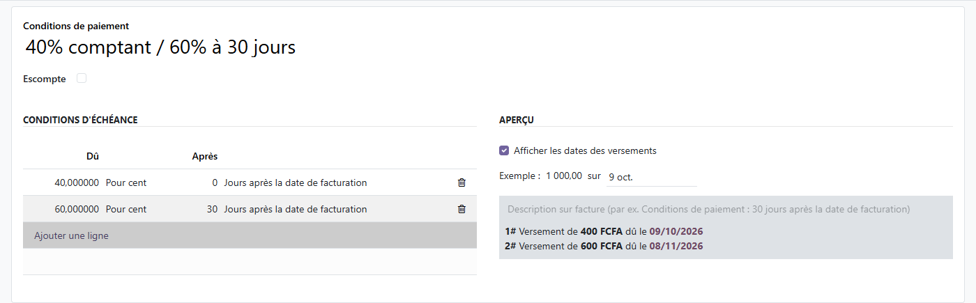 Formulaire Odoo 19 « Conditions de paiement » avec deux échéances (40% à 0 jour, 60% à 30 jours) et son aperçu live sur une facture de 1000 FCFA.