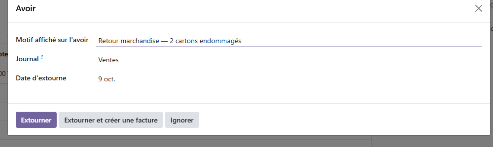 Fenêtre Odoo 19 « Avoir » sur une facture client, motif « Retour marchandise — 2 cartons endommagés » saisi.