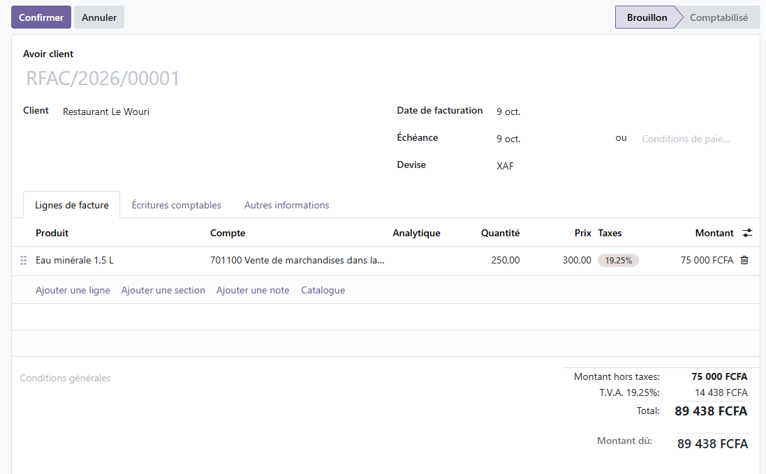 Avoir client Odoo 19 RFAC/2026/00001 en brouillon, ligne ajustée à 75 000 FCFA hors taxes.