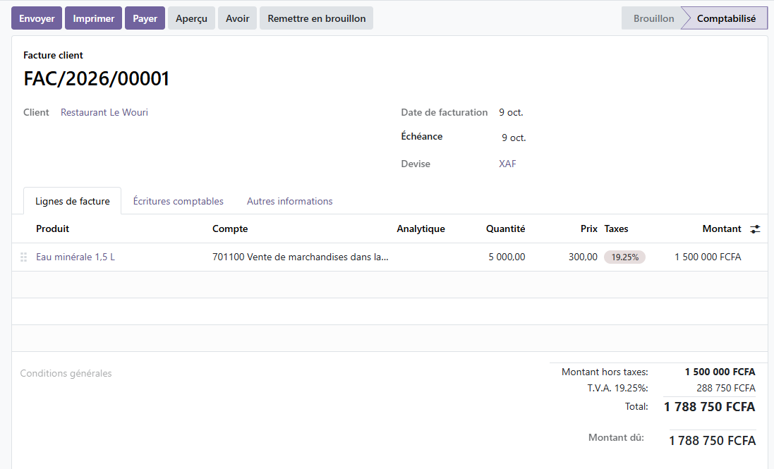 Facture client Odoo 19 FAC/2026/00001 au statut Comptabilisé, montant dû 1 788 750 FCFA, avec les boutons Payer et Avoir disponibles.