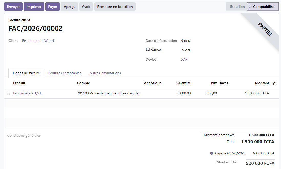 Facture client Odoo 19 FAC/2026/00002 marquée Partiel, 600 000 FCFA payés, 900 000 FCFA restant dus.