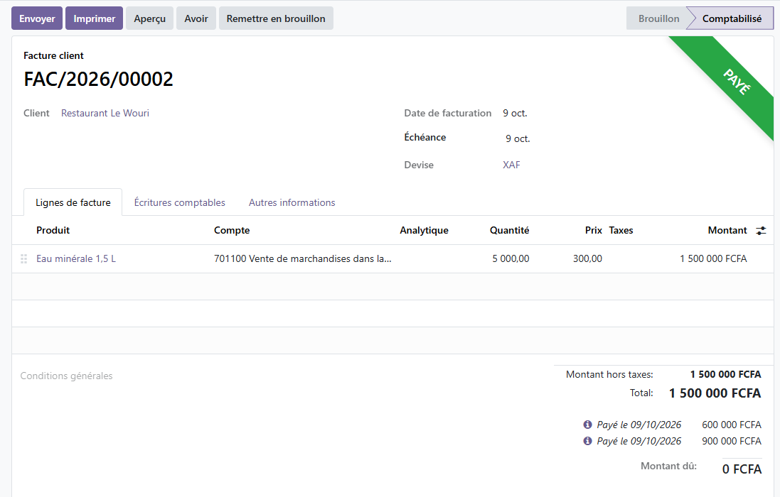 Facture client Odoo 19 FAC/2026/00002 marquée Payé, les deux règlements de 600 000 et 900 000 FCFA tracés, montant dû 0 FCFA.