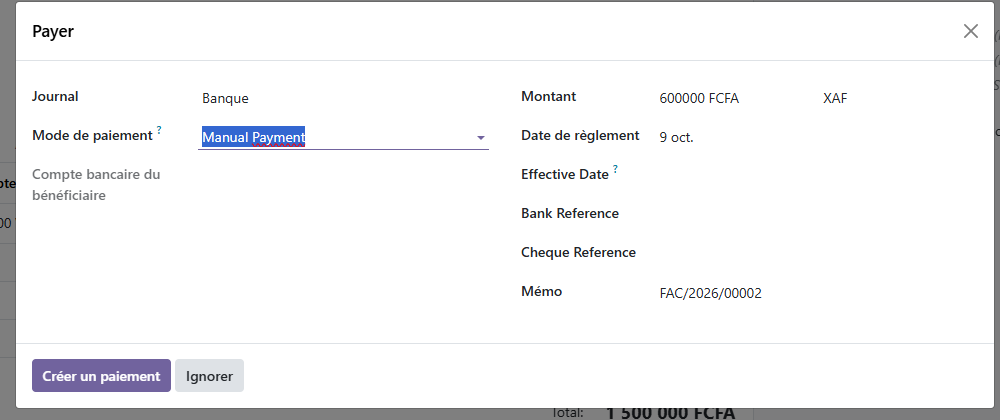 Fenêtre Odoo 19 « Payer » sur une facture client de 1 500 000 FCFA, montant réglé à 600 000 FCFA.