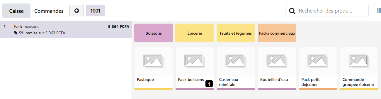 Écran POS Odoo 19, ticket avec Pack boissons et une remise de 5% appliquée sur 5 963 FCFA, nouveau total 5 664 FCFA.