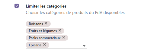 Formulaire Odoo 19 « Limiter les catégories » avec les quatre catégories POS de POS Akwa : Boissons, Fruits et légumes, Packs commerciaux, Épicerie.