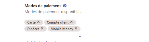 Formulaire Odoo 19 « Modes de paiement » de POS Akwa avec Carte, Compte client, Espèces et Mobile Money activés.