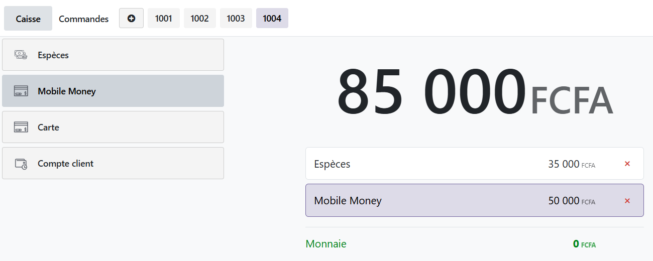 Écran de paiement POS Odoo 19, ticket de 85 000 FCFA réglé par 35 000 FCFA en Espèces et 50 000 FCFA en Mobile Money, Monnaie à 0 FCFA.