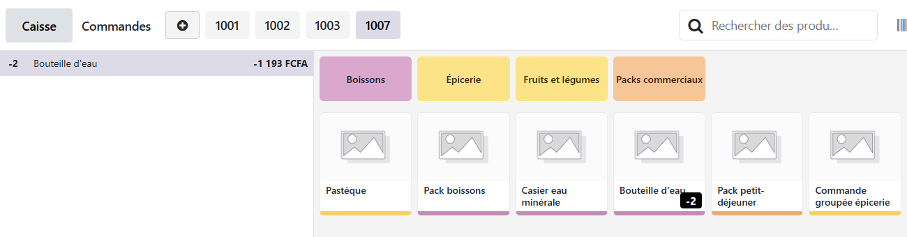 Écran POS Odoo 19, ticket de retour avec une ligne Bouteille d'eau à quantité -2, total -1 193 FCFA.