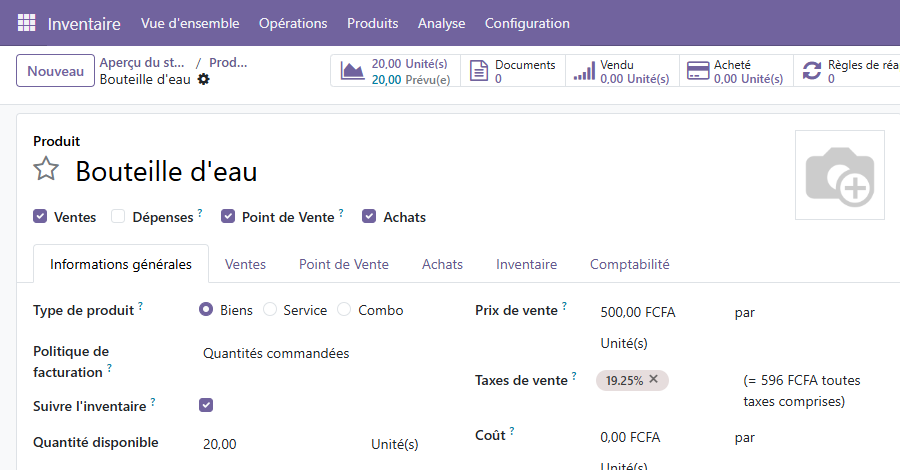 Fiche produit Odoo 19 « Bouteille d'eau », quantité disponible 20,00 unités après le retour de 2 bouteilles.