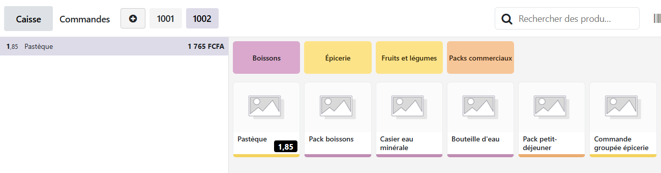 Écran POS Odoo 19, ticket avec une ligne Pastèque à quantité décimale 1,85 kg, prix affiché 1 765 FCFA.