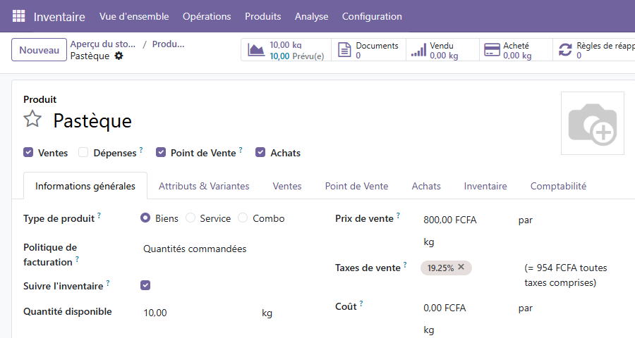 Fiche produit Odoo 19 « Pastèque » : prix de vente 800 FCFA par kg, quantité disponible 10,00 kg.