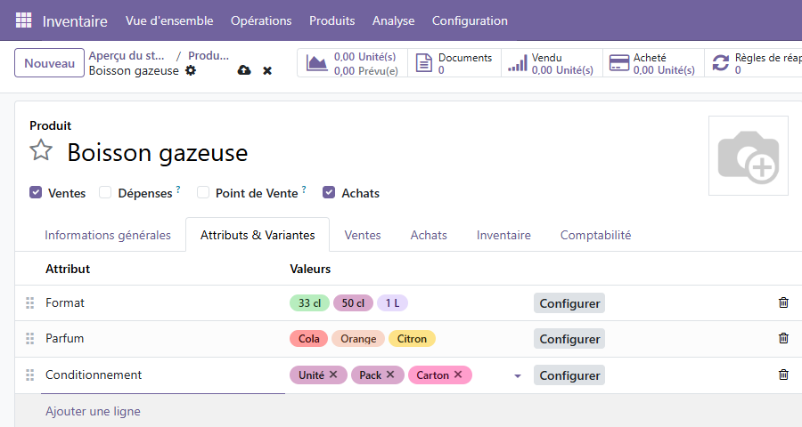 Onglet « Attributs & Variantes » Odoo 19 du produit Boisson gazeuse avec trois lignes : Format (33 cl, 50 cl, 1 L), Parfum (Cola, Orange, Citron), Conditionnement (Unité, Pack, Carton).